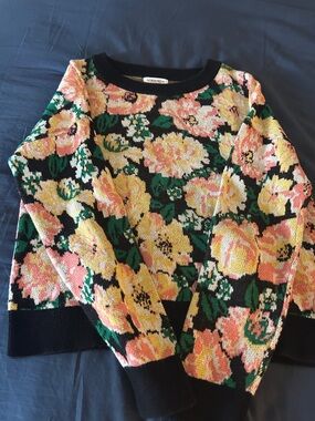 Nordstrom Black Floral Crewneck Sweater with Pink, Yellow & Green